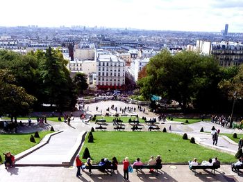 High angle view of people at town square