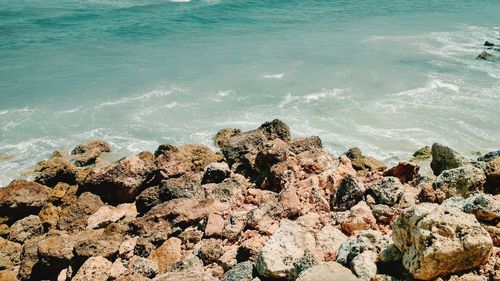 High angle view of rocks on beach