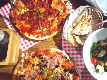 High angle view of pizza on table