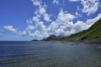 Scenic view of sea against blue sky