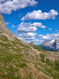 Scenic view of valley and mountains against sky