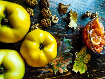 High angle view of apples on table