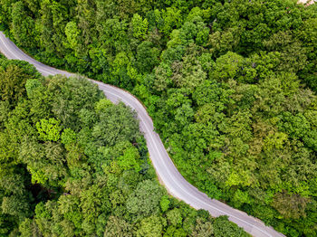 Winding road from high mountain pass, in summer time. aerial view by drone. romania