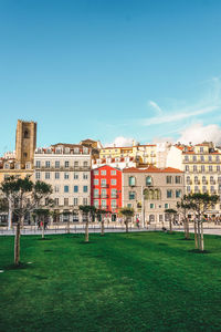 View of buildings against clear sky