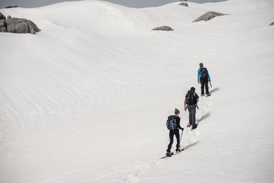 Rear view of trekkers on snow