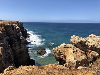 Scenic view of rocks by sea against clear sky