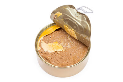 High angle view of dessert in glass against white background