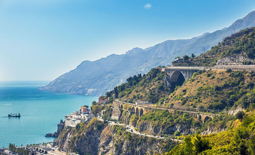 Scenic view of sea and mountains against clear sky