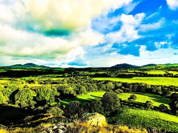 Scenic view of agricultural field against cloudy sky