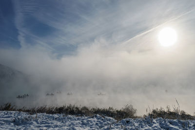 Scenic view of lake kawaguchi during sunrise in winter