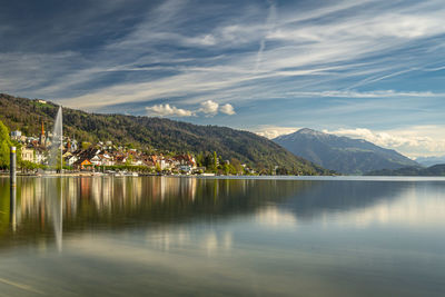 Scenic view of lake zug against sky