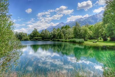 Scenic view of lake by trees against sky