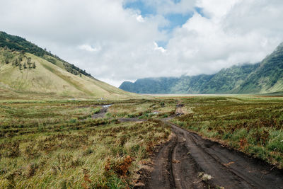 Scenic view of road amidst field against sky