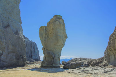 Rock formations against clear blue sky