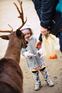 Cute girl feeding deer