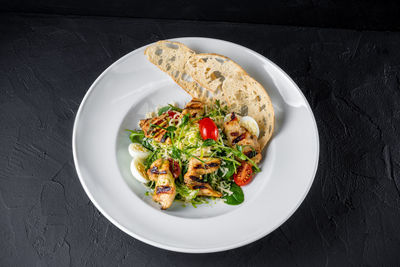 High angle view of food served in plate