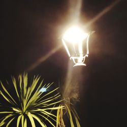 Low angle view of illuminated lamp against black background