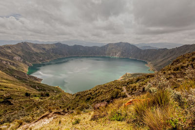 Scenic view of lake against cloudy sky