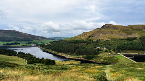 Scenic view of lake and mountains against sky