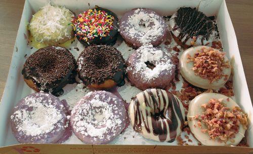 High angle view of cupcakes on table