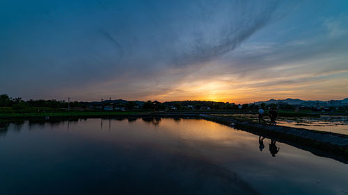 Scenic view of lake against sky during sunset