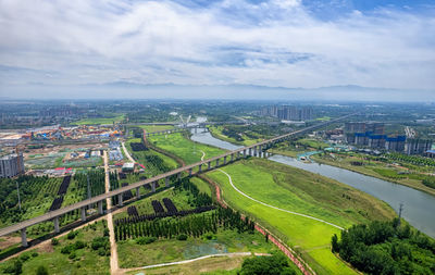 High angle view of city against sky