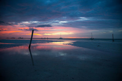 Scenic view of beach against sky during sunset