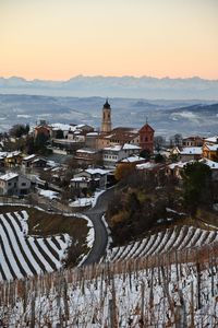 High angle view of city during winter