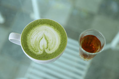 High angle view of green tea on table