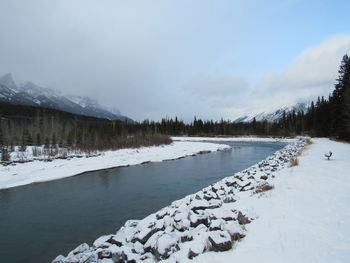 Scenic view of lake by snowcapped mountains against sky