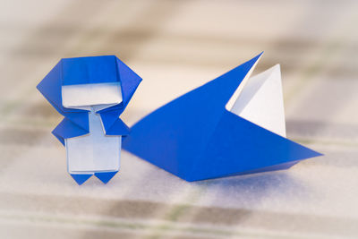 High angle view of blue toy on table