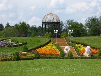 View of plants in garden against cloudy sky