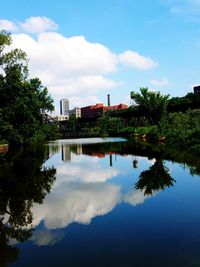 Reflection of trees and buildings in lake against sky