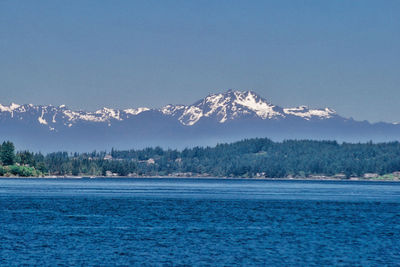 Scenic view of mountains against clear blue sky