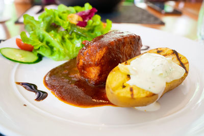 Close-up of meal served in plate