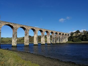 Arch bridge over river against blue sky