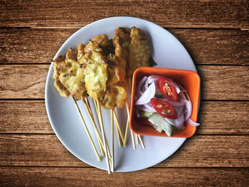 High angle view of breakfast served on table