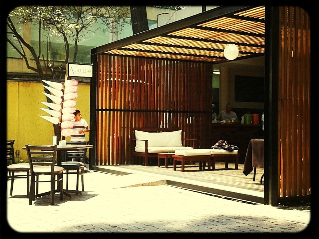 transfer print, built structure, chair, architecture, building exterior, auto post production filter, house, absence, bench, empty, sunlight, wood - material, table, snow, shadow, day, tree, seat, restaurant, outdoors