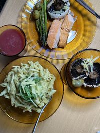 High angle view of food served on table