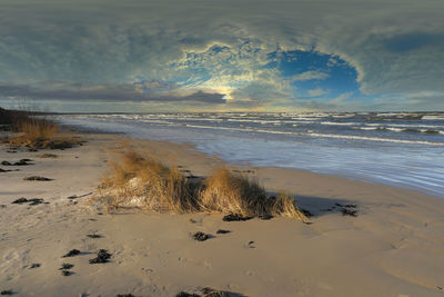 Scenic view of beach against sky during sunset