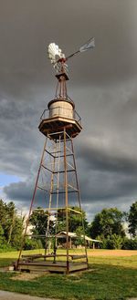 Traditional windmill on field against sky