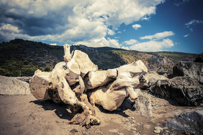 Rock formations on landscape against sky