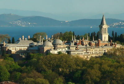 High angle view of buildings against sky