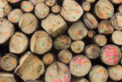 Full frame shot of logs with multi colored alphabets and numbers