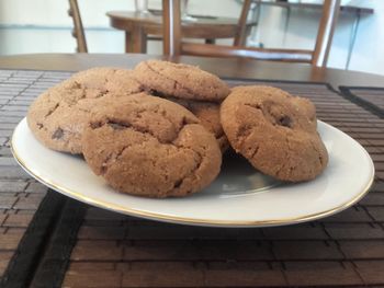 Close-up of cookies in plate on table