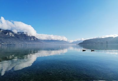 Scenic view of lake against blue sky