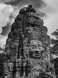 Low angle view of statue against temple against sky