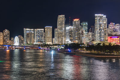 Illuminated buildings in city at night