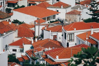 High angle view of houses in town