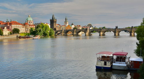 View of boats in river against cloudy sky